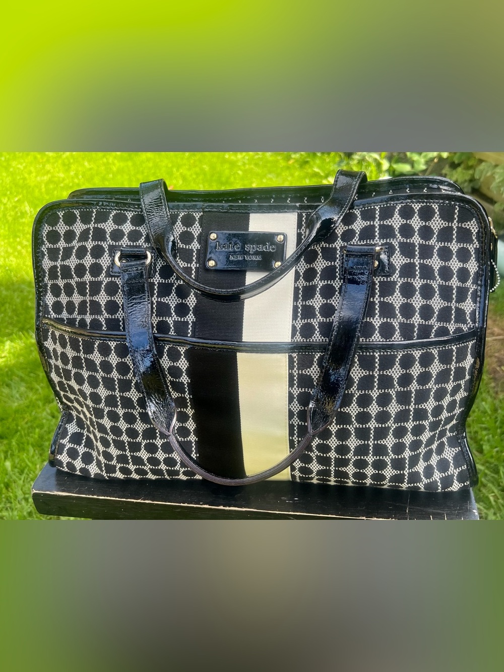 kate spade Black & Cream Patterned Tote with Patent Trim
